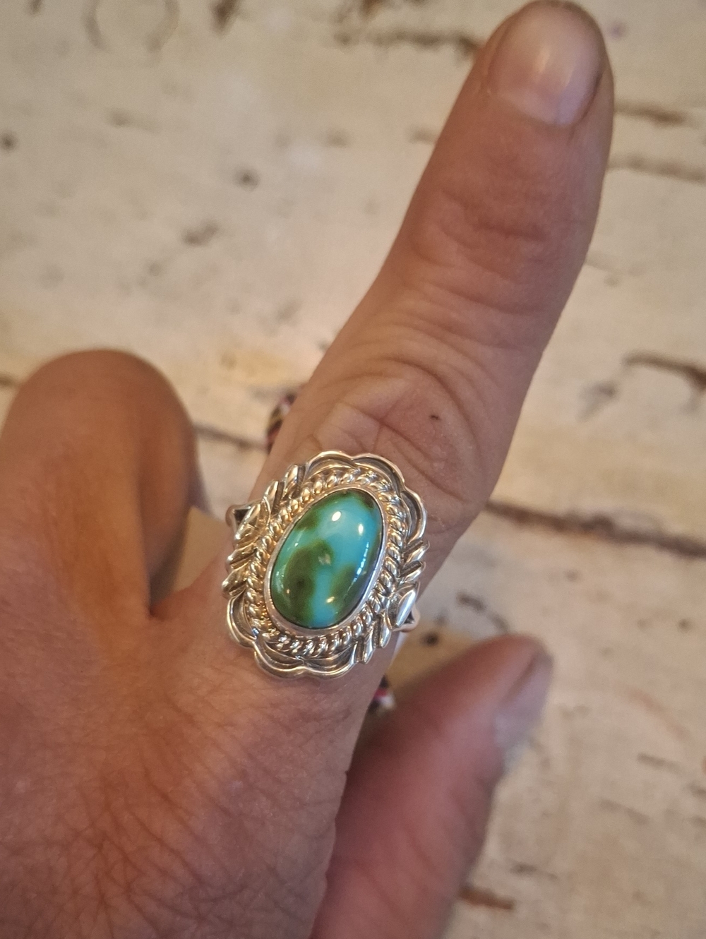 Silver Ring with Turquoise Stone - Green Blue Oval Statement